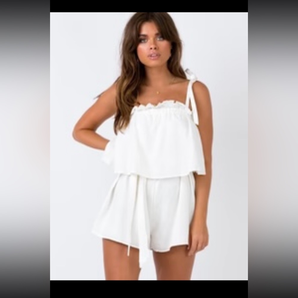 White linen romper with tie straps